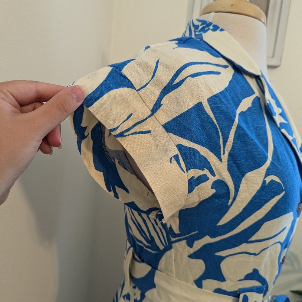 OneTheLand Tropical Floral Print Linen Button Up Mini Dress Blue White Medium - Picture 6 of 12